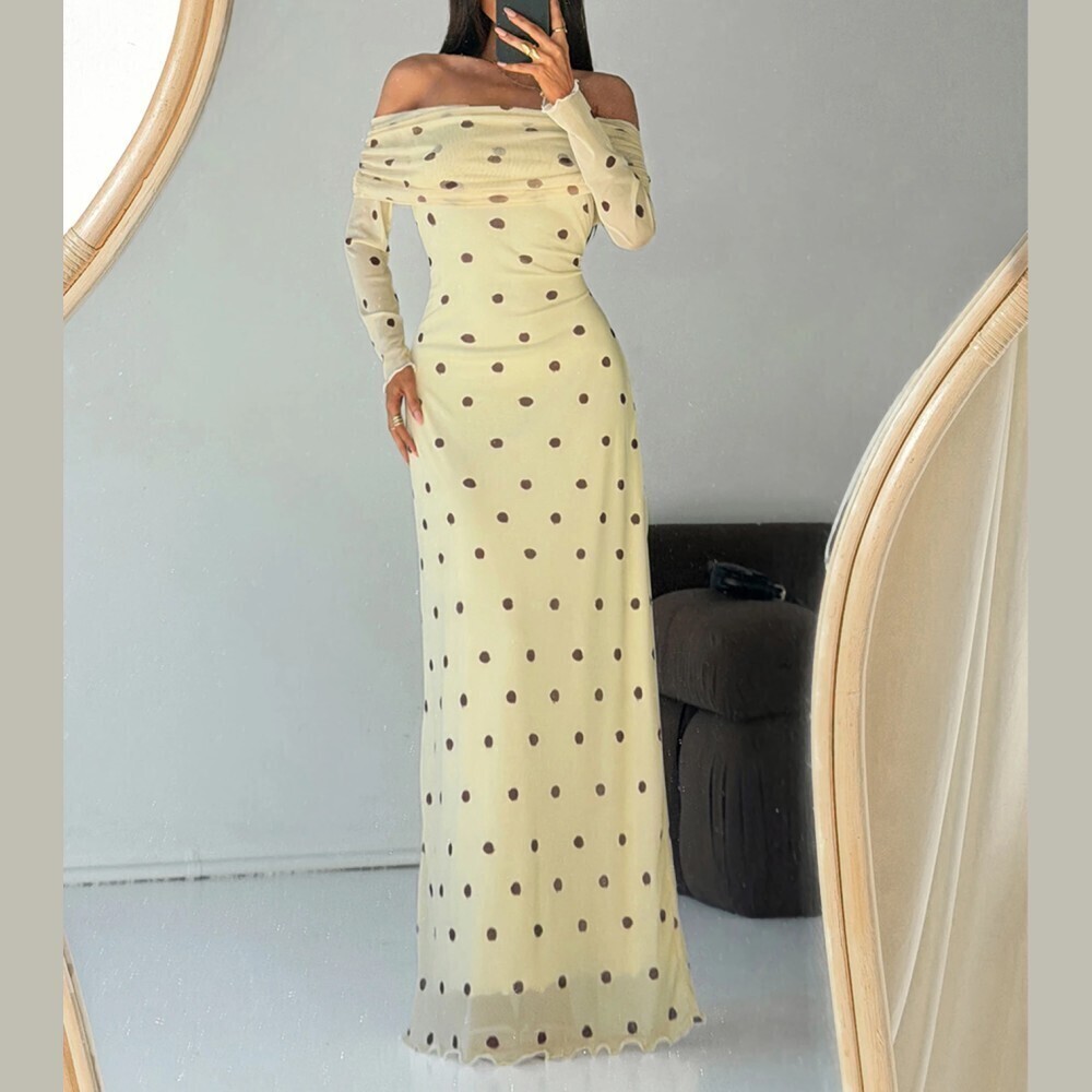 Pale Yellow Polka Dot Off Shoulder Long Sleeve Maxi Dress